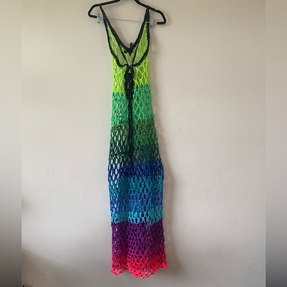 Women’s Crochet Rainbow Maxi Women’s Corseted Back Swimsuit Cover-up Dress XXL - Picture 4 of 6